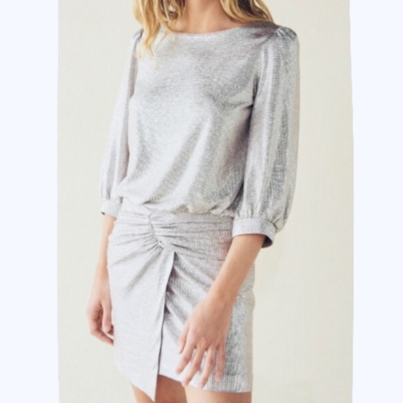 ba&sh Zalina Silver Lamé Ruched Mini Dress Size Medium - Picture 1 of 15